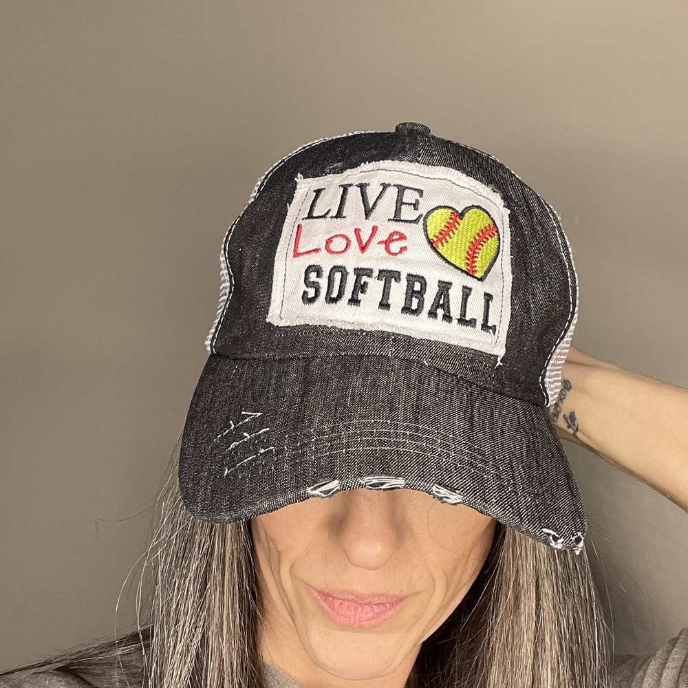 Women's Softball Mom Hat- Ball Cap‎ 'Live Love Softball' Gray/Mesh, Adjustable